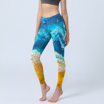 Buddha Stones Ocean Wave Golden Shore Pattern Print Gym Leggings Women's Yoga Pants