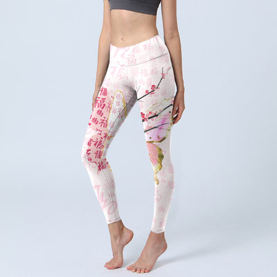 Buddha Stones Butterfly Plum Blossom Fu Character Pattern Print Gym Leggings Women's Yoga Pants