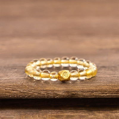 Buddha Stones 3mm Golden Rutilated Quartz Beads Wealth Elastic String Ring