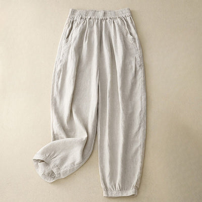 Buddha Stones Vintage Casual Solid Color Patchwork Simple Design Women's Cotton Linen 7-8 Length Harem Pants With Pockets