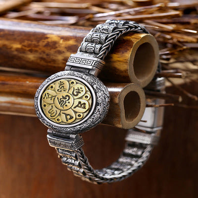 Buddha Stones Tibetan Copper Buckle Om Mani Padme Hum Turntable Rotatable Peace Metal Bracelet