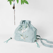 Buddha Stones Embroidered Green Flower Blossom Leaves Canvas Tote Crossbody Bag Shoulder Bag Handbag