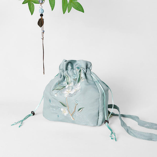Buddha Stones Embroidered Green Flower Blossom Leaves Canvas Tote Crossbody Bag Shoulder Bag Handbag