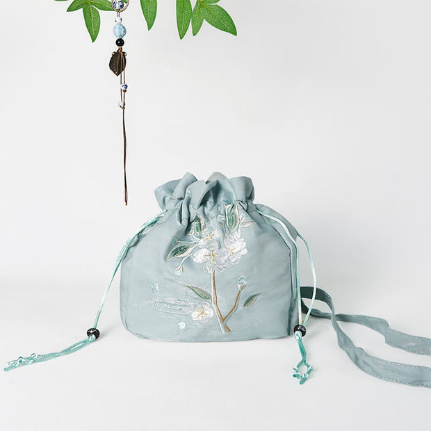 Buddha Stones Embroidered Green Flower Blossom Leaves Canvas Tote Crossbody Bag Shoulder Bag Handbag