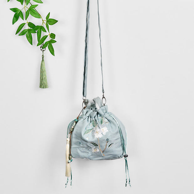 Buddha Stones Embroidered Green Flower Blossom Leaves Canvas Tote Crossbody Bag Shoulder Bag Handbag