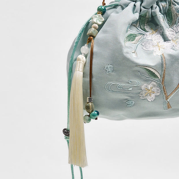 Buddha Stones Embroidered Green Flower Blossom Leaves Canvas Tote Crossbody Bag Shoulder Bag Handbag