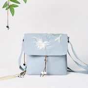Buddha Stones Plain Embroidered LightBlue Epiphyllum Cotton Linen Crossbody Bag Shoulder Bag
