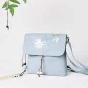 Buddha Stones Plain Embroidered LightBlue Epiphyllum Cotton Linen Crossbody Bag Shoulder Bag