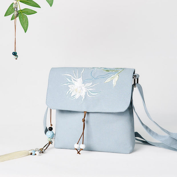 Buddha Stones Plain Embroidered LightBlue Epiphyllum Cotton Linen Crossbody Bag Shoulder Bag