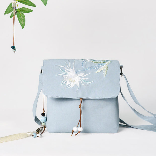 Buddha Stones Plain Embroidered LightBlue Epiphyllum Cotton Linen Crossbody Bag Shoulder Bag