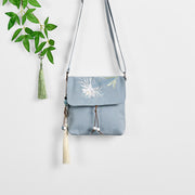 Buddha Stones Plain Embroidered LightBlue Epiphyllum Cotton Linen Crossbody Bag Shoulder Bag