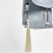 Buddha Stones Plain Embroidered LightBlue Epiphyllum Cotton Linen Crossbody Bag Shoulder Bag