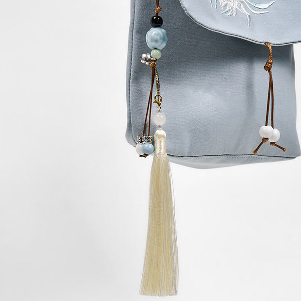 Buddha Stones Plain Embroidered LightBlue Epiphyllum Cotton Linen Crossbody Bag Shoulder Bag