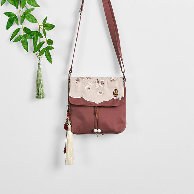 Buddha Stones Plain Brown Embroidered Plum Bossom Cotton Linen Crossbody Bag Shoulder Bag