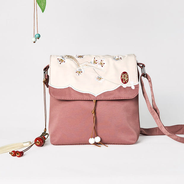 Buddha Stones Plain Brown Embroidered Plum Bossom Cotton Linen Crossbody Bag Shoulder Bag