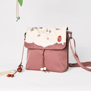 Buddha Stones Plain Brown Embroidered Plum Bossom Cotton Linen Crossbody Bag Shoulder Bag