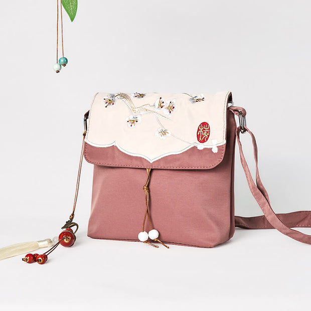 Buddha Stones Plain Brown Embroidered Plum Bossom Cotton Linen Crossbody Bag Shoulder Bag