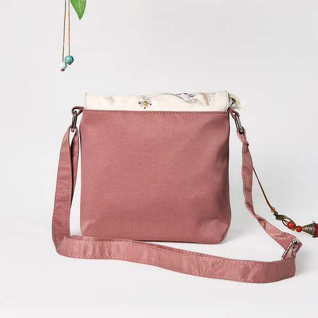 Buddha Stones Plain Brown Embroidered Plum Bossom Cotton Linen Crossbody Bag Shoulder Bag