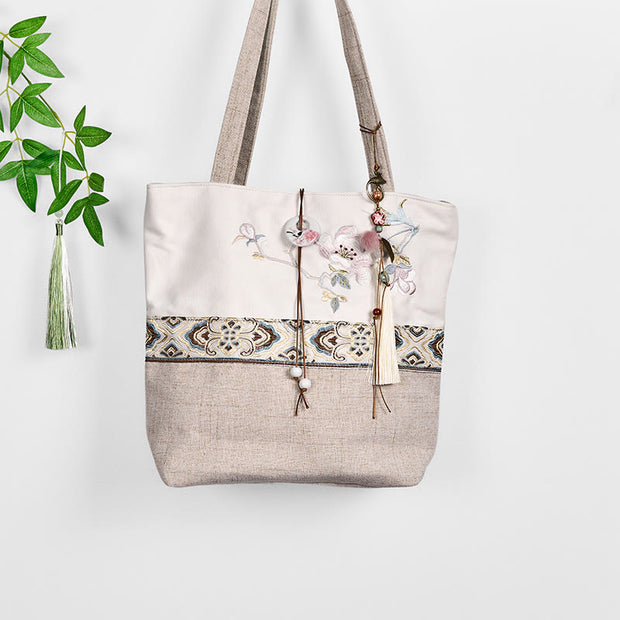 Buddha Stones Magnolia Embroidery Canvas Polyester Shoulder Bag