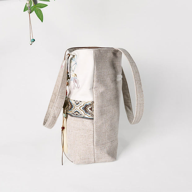 Buddha Stones Magnolia Embroidery Canvas Polyester Shoulder Bag