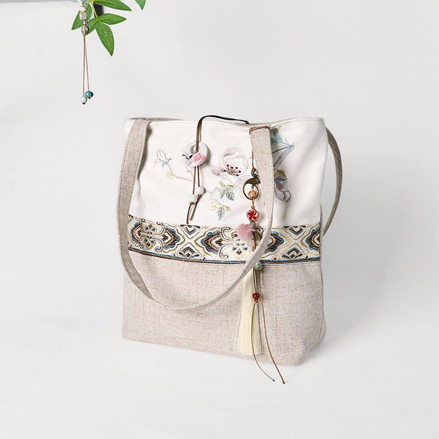 Buddha Stones Magnolia Embroidery Canvas Polyester Shoulder Bag