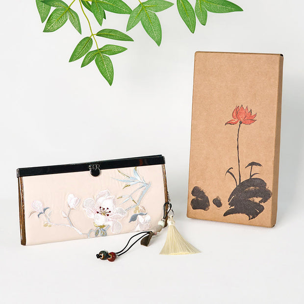 Buddha Stones Magnolia Flower Double-sided Embroidery Large Capacity Cash Holder Wallet Shopping Purse