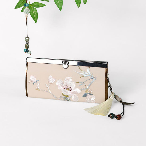 Buddha Stones Magnolia Flower Double-sided Embroidery Large Capacity Cash Holder Wallet Shopping Purse