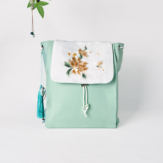 Buddha Stones Handmade Green Peony Flowers Embroidered Large Capacity Canvas Backpack
