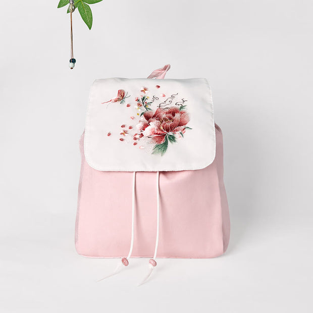 Buddha Stones Handmade Pink Peony Flowers Embroidered Large Capacity Canvas Backpack