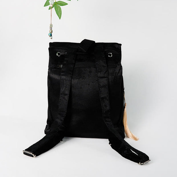 Buddha Stones Handmade Black Peony Embroidered Large Capacity Polyester Cotton Backpack