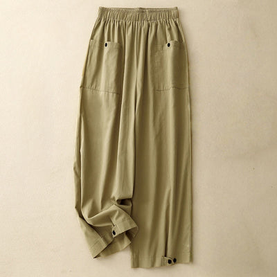 Buddha Stones Causal Vintage Solid Color Button Design Women's Wide Leg Cotton Pants With Pockets
