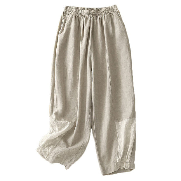 Buddha Stones Summer Embroidery Pure Color Patchwork Design Women's Cotton Linen Pants With Pockets