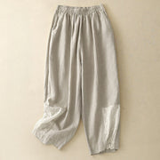 Buddha Stones Summer Embroidery Pure Color Patchwork Design Women's Cotton Linen Pants With Pockets
