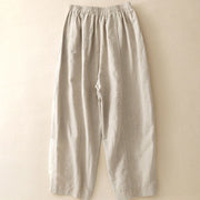 Buddha Stones Summer Embroidery Pure Color Patchwork Design Women's Cotton Linen Pants With Pockets
