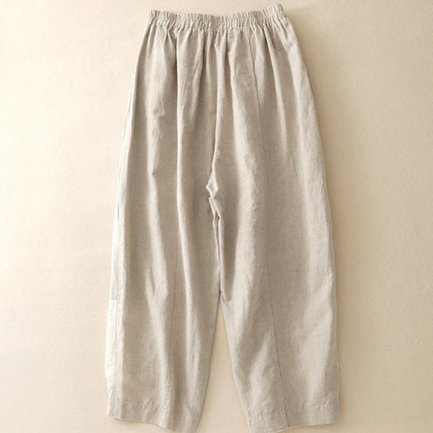 Buddha Stones Summer Embroidery Pure Color Patchwork Design Women's Cotton Linen Pants With Pockets