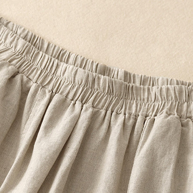Buddha Stones Summer Embroidery Pure Color Patchwork Design Women's Cotton Linen Pants With Pockets