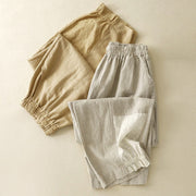 Buddha Stones Summer Embroidery Pure Color Patchwork Design Women's Cotton Linen Pants With Pockets