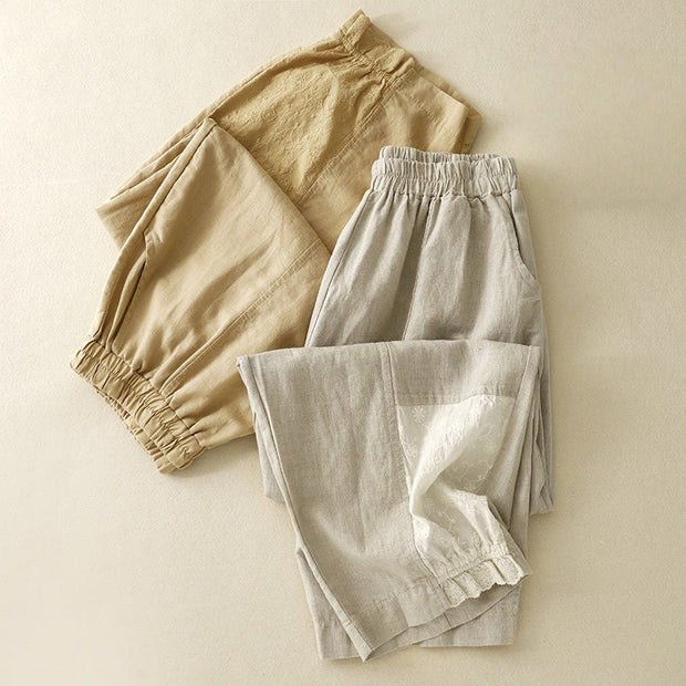Buddha Stones Summer Embroidery Pure Color Patchwork Design Women's Cotton Linen Pants With Pockets