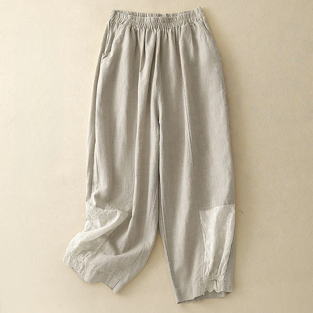 Buddha Stones Summer Embroidery Pure Color Patchwork Design Women's Cotton Linen Pants With Pockets
