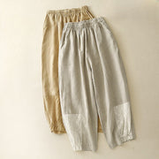Buddha Stones Summer Embroidery Pure Color Patchwork Design Women's Cotton Linen Pants With Pockets