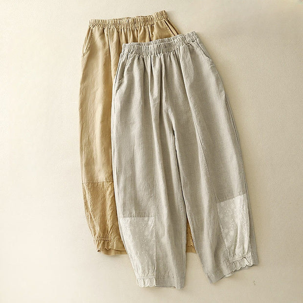 Buddha Stones Summer Embroidery Pure Color Patchwork Design Women's Cotton Linen Pants With Pockets