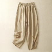 Buddha Stones Summer Embroidery Pure Color Patchwork Design Women's Cotton Linen Pants With Pockets