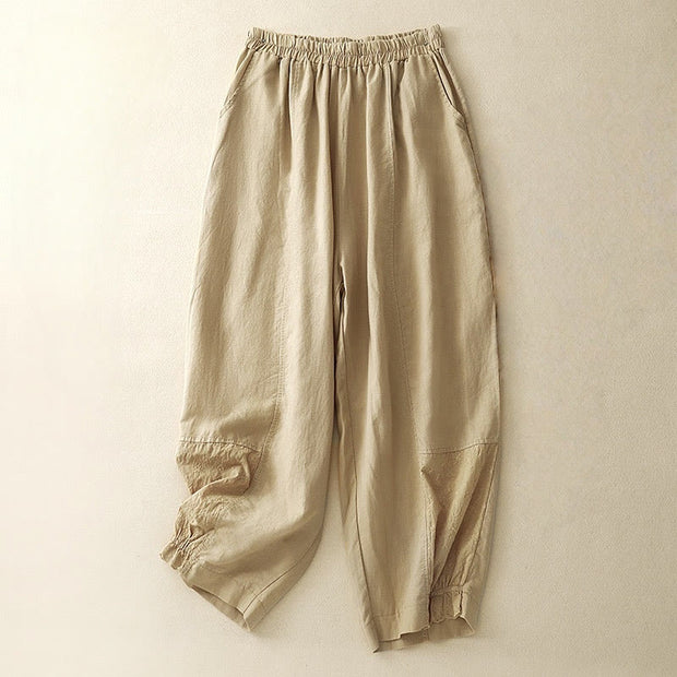 Buddha Stones Summer Embroidery Pure Color Patchwork Design Women's Cotton Linen Pants With Pockets
