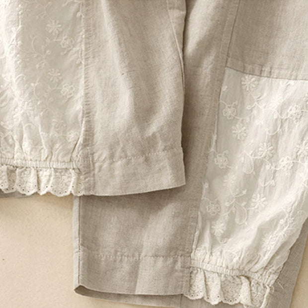 Buddha Stones Summer Embroidery Pure Color Patchwork Design Women's Cotton Linen Pants With Pockets