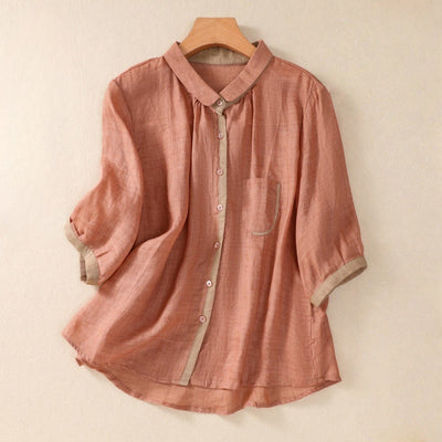 Buddha Stones Casual Daily Plain Button Color Matching Design Women's Cotton Linen Three Quarter Sleeve Shirt Cardigan With Pocket