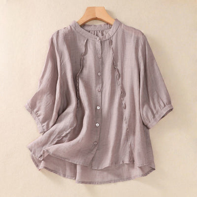 Buddha Stones Casual Daily Plain Button Ruffled Design Stand Collar Women's Cotton Linen Three Quarter Sleeve Shirt Cardigan
