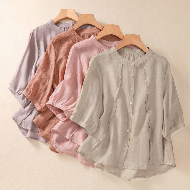 Buddha Stones Casual Daily Plain Button Ruffled Design Stand Collar Women's Cotton Linen Three Quarter Sleeve Shirt Cardigan