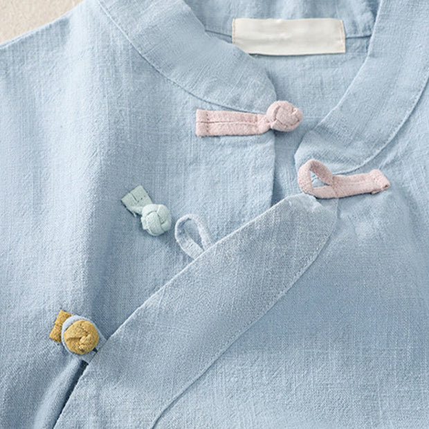 Buddha Stones Casual Plain Slant Stand Collar Collar Colorful Frog-Button Tang Suit Women's Cotton Linen Three Quarter Sleeve Shirt Cardigan