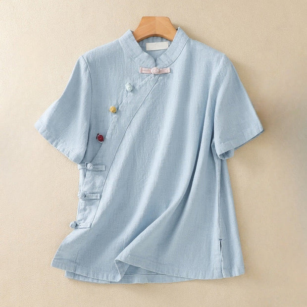 Buddha Stones Casual Plain Slant Stand Collar Collar Colorful Frog-Button Tang Suit Women's Cotton Linen Three Quarter Sleeve Shirt Cardigan