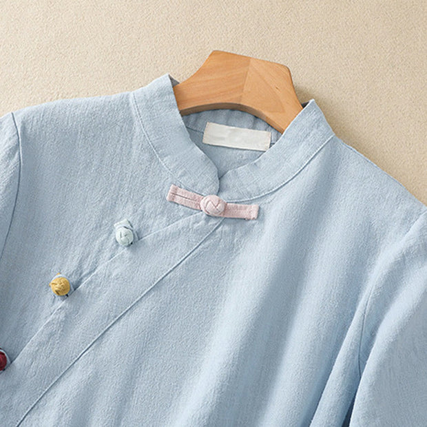 Buddha Stones Casual Plain Slant Stand Collar Collar Colorful Frog-Button Tang Suit Women's Cotton Linen Three Quarter Sleeve Shirt Cardigan